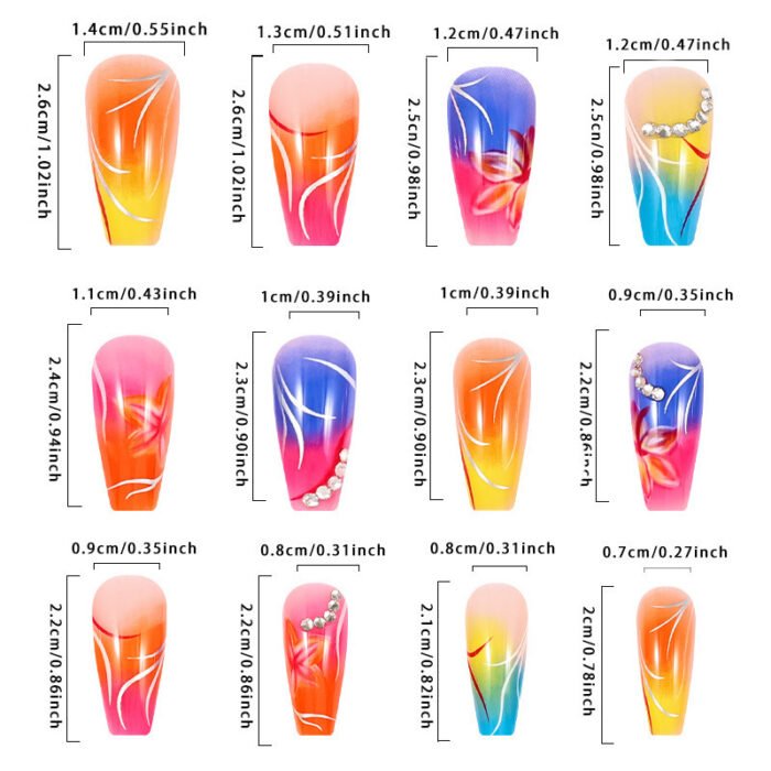 Gradient Flower Fake Nails - Rhinestone Nail Art - Image 3