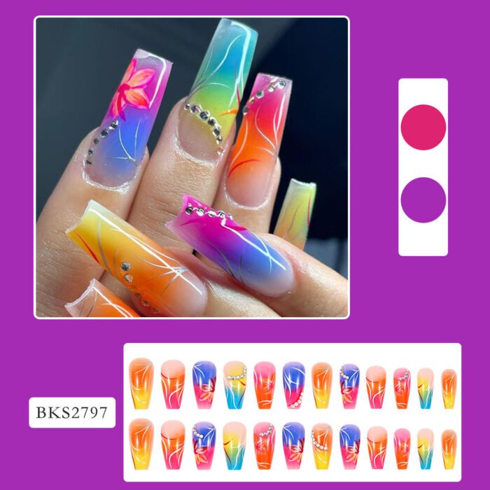 Gradient Flower Fake Nails - Rhinestone Nail Art - Image 5